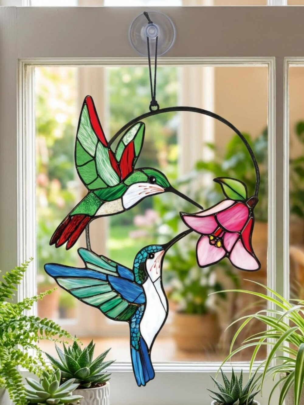 Hummingbirds Sun Catcher Beautiful Colorful Acrylic Stained Glass Look